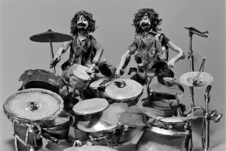 Image similar to a claymation film still of a curly long hair drummer playing the drum set. claymation by bruce bickford