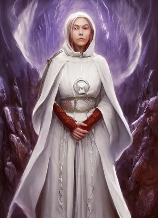 Image similar to female priest in white cloak, ultra detailed fantasy, dndbeyond, bright, colourful, realistic, dnd character portrait, full body, pathfinder, pinterest, art by ralph horsley, dnd, rpg, lotr game design fanart by concept art, behance hd, artstation, deviantart, hdr render in unreal engine 5