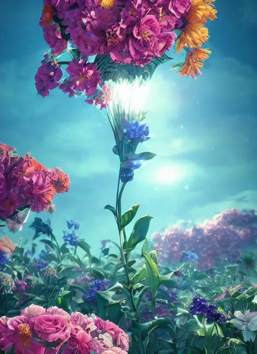 Image similar to An epic fantastic realism comic book style painting of the most beautiful flowers launched into space, bouquets, fisheye lens, unreal 5, DAZ, hyperrealistic, octane render, dynamic lighting