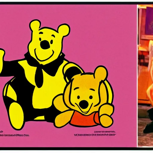 Image similar to photograph of Winnie the Pooh and The Pink Panther in a strip club