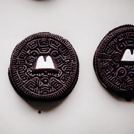 Image similar to an oreo with the imprint of the devils face on the chocolate cookie, photography, cinematic