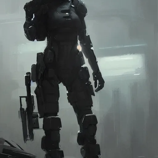 Image similar to concept art by greg rutkowski, a very tall, slender female soldier wearing futuristic white and black tactical gear, brutalist futuristic interior, dim lighting, detailed portraits, nostalgic atmosphere, scifi, digital painting, artstation, concept art, smooth, sharp foccus ilustration, artstation hq