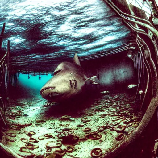 Prompt: abandoned rusty underwater theme park, surreal, horror, eerie, creepy, murky water, underwater, underwater photography, dark, submechanophobia, distant shark,