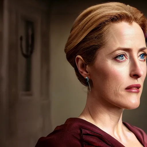 Prompt: Gillian Anderson as a lighting powered war mage, realistic, detailed, 4k