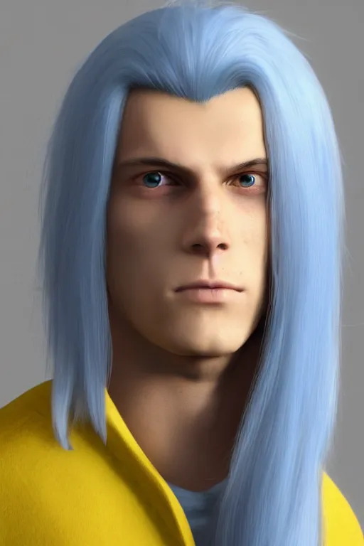 Image similar to a male teenager with long blue hair and yellow eyes wearing a winter overcoat, hyperrealistic, concept art, octane render, unreal engine 5, trending on artstation, high quality, 8 k, highly detailed, digital art, anatomically correct, symmetrical, realistic and defined face, high coherence, path traced, face portrait, yellow eyes, blue hair