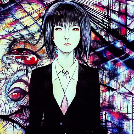 Image similar to yoshitaka amano blurred and dreamy three quarter angle portrait of a young woman with white hair and black eyes wearing dress suit with tie, playstation 2 horror game, junji ito abstract patterns in the background, satoshi kon anime, chungking express color palette, noisy film grain effect, highly detailed, renaissance oil painting, weird portrait angle, blurred lost edges