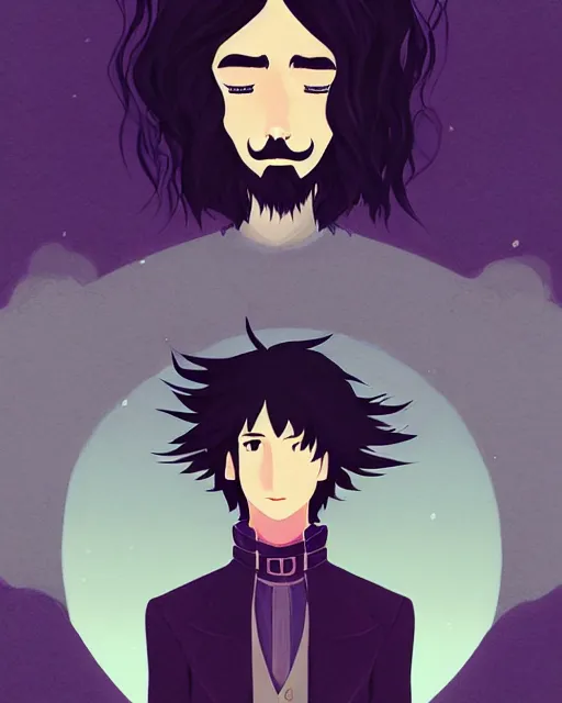 Prompt: digital illustration portrait of howl pendragon, long black hair, gothic, studio ghibli, beard, howl's moving castle, dramatic lighting, by ilya kuvshinov, lois van baarle, rossdraws, basquiat