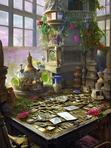 Prompt: a powerful magician working in his tower. table full of magical artifacts. weeds and flowers growing on the floor and roof. intricate, elegant, highly detailed, digital painting, artstation, concept art, sharp focus, illustration, by justin gerard and artgerm, 8 k