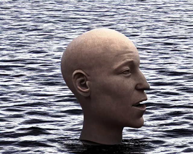 Image similar to a long shot of a giant award winning sculpture of a human head made out of inflatable toys on the surface of the ocean, in the style of chad knight, hyper detailed, hyper realistic, ray tracing, 8 k resolution, sharp focus, realistic water