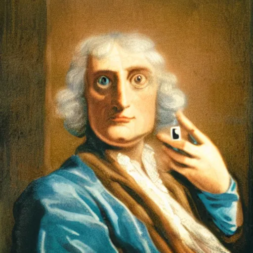 Prompt: Isaac Newton taking a selfie. CineStill