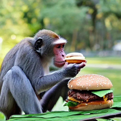Prompt: a monkey eating an hamburger