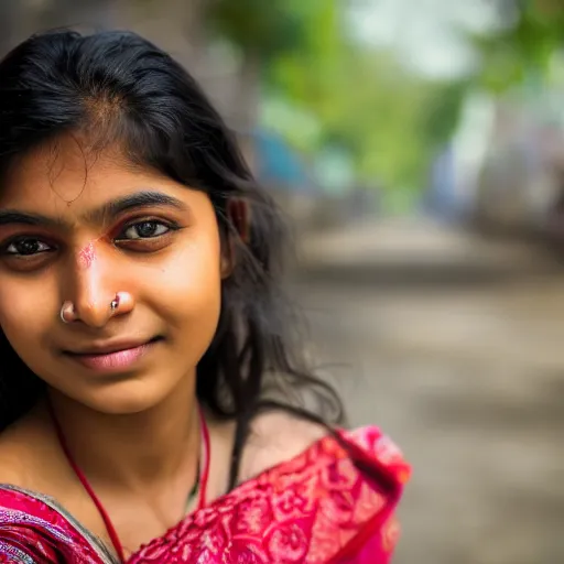 Image similar to portrait of a beautiful Bangladeshi girl at dawn, 8k, 55m lens,