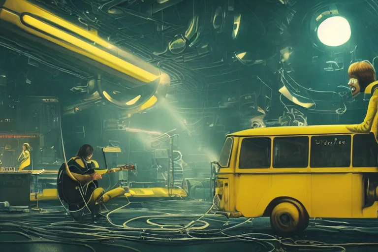 Prompt: the beatles performing on a yellow spaceship, cyberpunk art by mike winkelmann, trending on cgsociety, retrofuturism, reimagined by industrial light and magic, darksynth, sci - fi