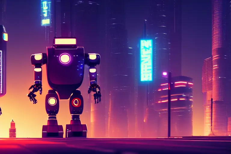 Image similar to a cute big robots in a cyberpunk city. super realistic 8 k render of a elegant, cinematic composition