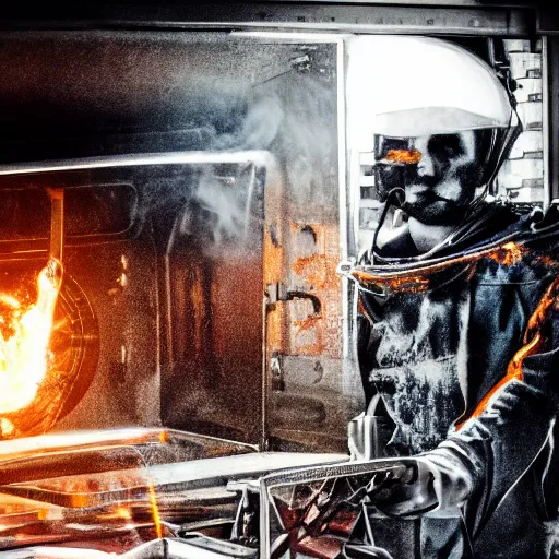 Image similar to cyborg toaster oven repairman, dark messy smoke - filled cluttered workshop, dark, dramatic lighting, orange tint, sparks, plasma rays, cinematic, highly detailed, sci - fi, futuristic, movie still