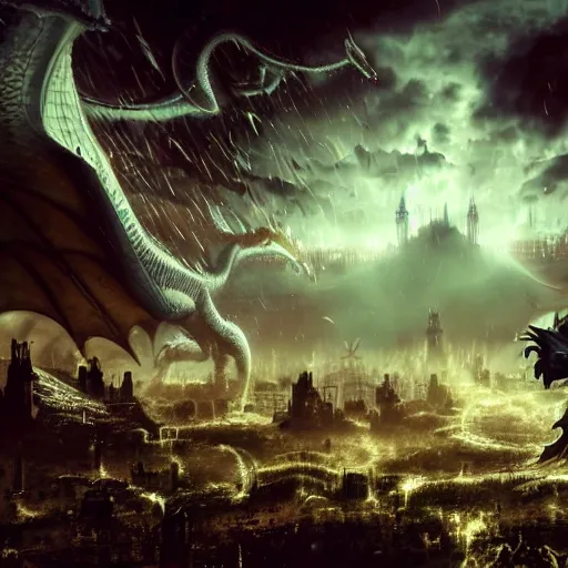 Prompt: mega detail, gigantic city, random inference, dragons breathing fire, dark magic, night fog, clouds, the matrix, in a battle, video game, final boss, character on platform in front of camera, final attack, hud, attack items spells