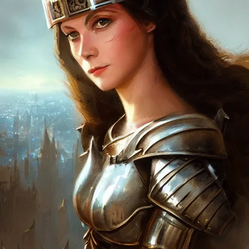 Prompt: closeup portrait of a young vivian leigh as female knight, city background, megacity, high fantasy, dramatic light, gorgeous view, depth, high detail, digital art, painted by greg rutkowski, trending on artstation