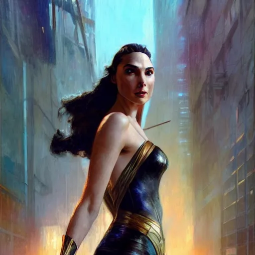 Image similar to gal gadot, hyperrealistic full figure, bladerunner street alley, art of elysium by frank frazetta and by jeremy mann and by alphonse mucha, fantasy art, photo realistic, dynamic lighting, artstation, full figure poster, volumetric lighting, very detailed face, 4 k, award winning