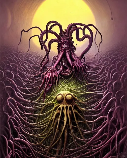 Image similar to the platonic ideal of flowers, rotting, insects and praying of cletus kasady carnage thanos dementor hades chtulu mandelbulb schpongle octopus bioshock xenomorph baraka, ego death, decay, dmt, psilocybin, concept art by randy vargas and zdzisław beksinski