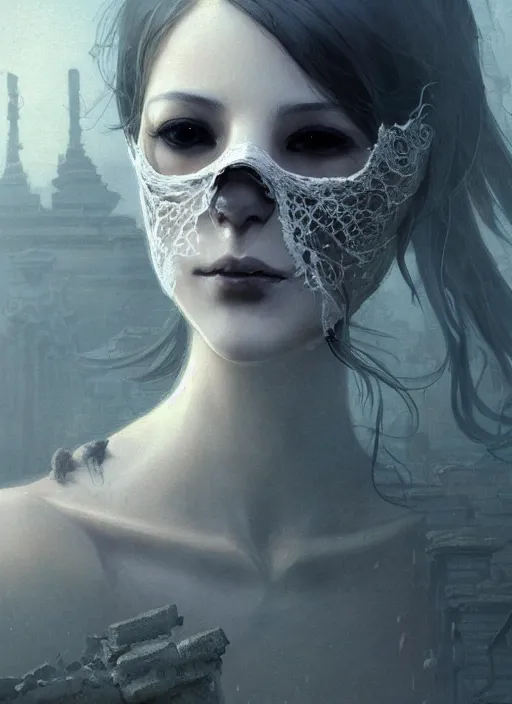 Image similar to close up of a veiled half scull mask girl on the ruins temple, fingers on lips, looking at the camera very curiously, smog on the floor, extremely beautiful and aesthetic and attractive detailed face and body, intricate, chiaroscuro, model pose, fantasy illustrations, light novel cover art, by makoto shinkai and jeremy lipking and ferdinand knab