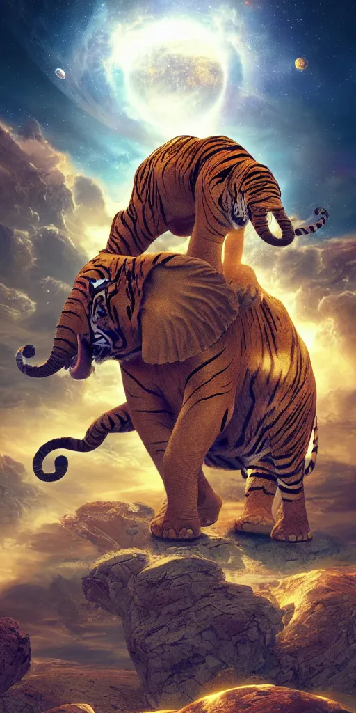 Image similar to planet - sized tiger elephant in space, next to the sun and stars, very wide shot, epic composition, hyper detailed, digital art, trending in artstation, cinematic lighting, studio quality, unreal engine 5 rendered, art style by klimt and nixeu and ian sprigger and wlop and krenz cushart