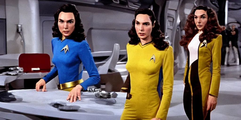 Prompt: a scene from Trouble with Tribbles!!! an episode of the original Star Trek series, with Gal Gadot, in Starfleet uniform, in the role of Captain Kirk