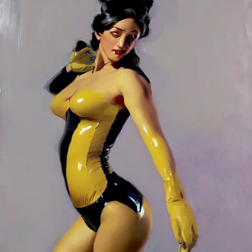 Image similar to greg manchess painting of of a female wearing a latex suit, painting, trending on artstation, by huang guangjian and gil elvgren and sachin teng