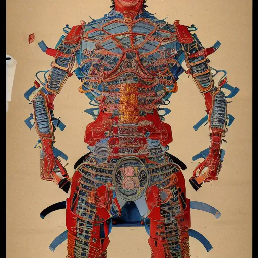 Image similar to a brilliantly colored Japanese scroll of an exploded diagram of a detailed engineering schematic of a cyborg samurai made by an AI in the pose vitruvian man in the style of jean giraud , post-processing , award winning, photo realistic, aged blood stains