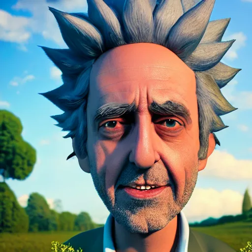 Image similar to portrait of rick sanchez, rick and morty, walking in a field. france, dordogne, hills, ultra high, face to camera, detail, 8 k, sunset, flowers, trees, river, octane render.