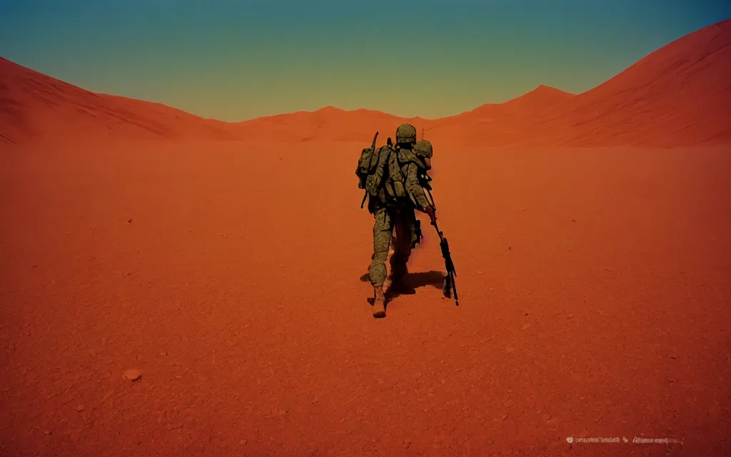 Prompt: in a dusty red desert, a team of five swat future soldiers in dark green tactical gear like death stranding and halo hike. They 're afraid. dusk, heat shimmering, color, 35mm film photography, lawrence of arabia