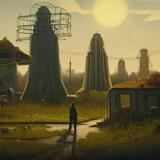 Prompt: An atompunk buildings with the sun shining through the clouds in utopia by Simon Stålenhag and Greg Rutkowski,In style of Grant Wood.hyper detailed,8K Resolution,unreal engine 5,Ray Tracing,highly realistic.trending on Artstation