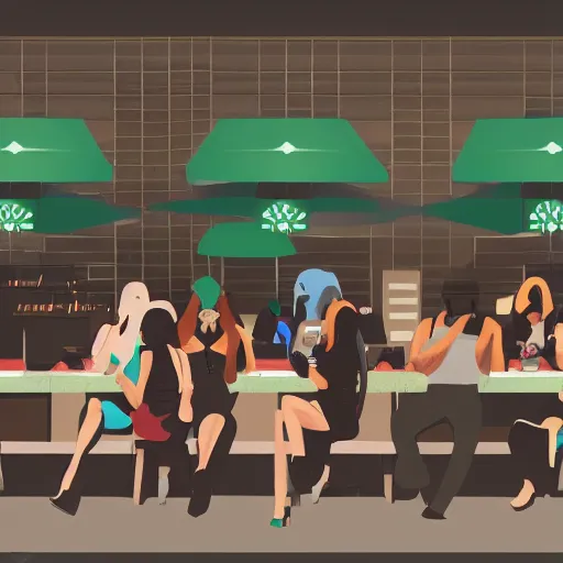 Prompt: hot girls sitting at starbucks being drawn by creepy guy in beanie, 8 k resolution, cinematic lighting, anatomically correct