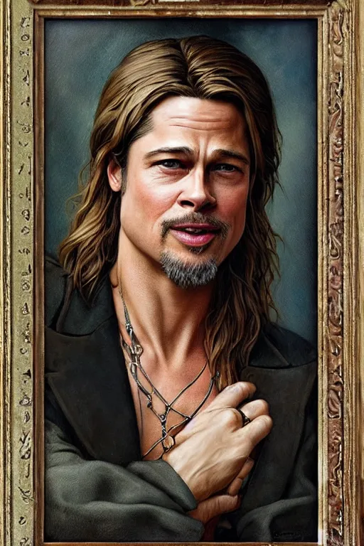 Prompt: Brad Pitt by Tom Bagshaw in the style of Gaston Bussière, art nouveau