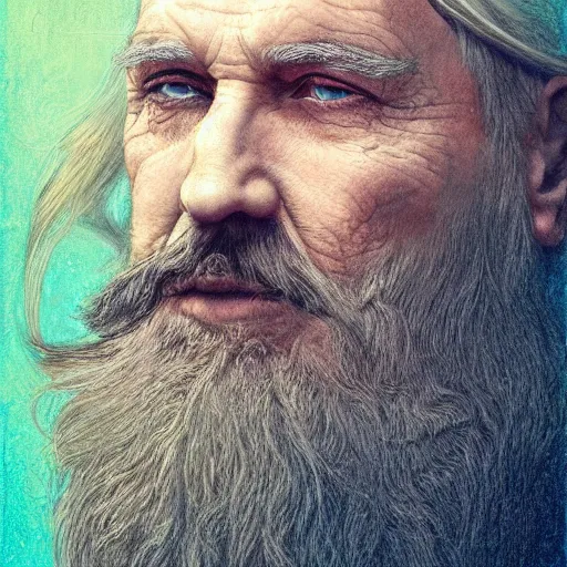 Prompt: a stunning ultra realistic pencil drawing of content old man with a long colourful beard, peaceful and graceful, by dirk dzimirsky and tom bagshaw, studio portrait, bright colours, melancholic, catchlight in the eyes, 4K