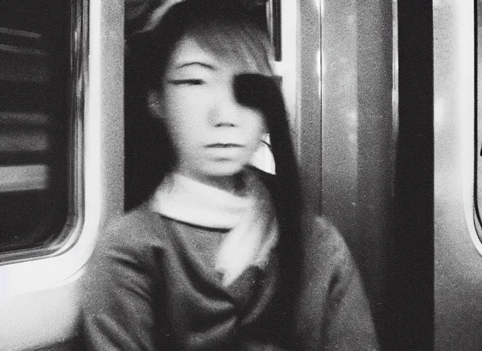 Prompt: photo of a young japanese woman on a train at night