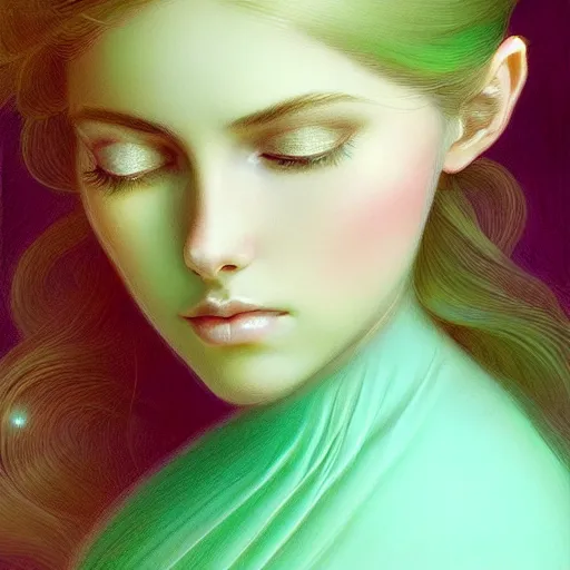 Image similar to Portrait of dreamy and ethereal women with light green eyes wearing mint green ornate frilly dress, peaceful expression, fantasy, intricate, elegant, beautiful, digital art, beautiful dynamic lighting, golden ratio, highly detailed, digital painting, trending on artstation, concept art, smooth, sharp focus, illustration, photo realistic, art by artgerm and greg rutkowski and alphonse mucha 8K