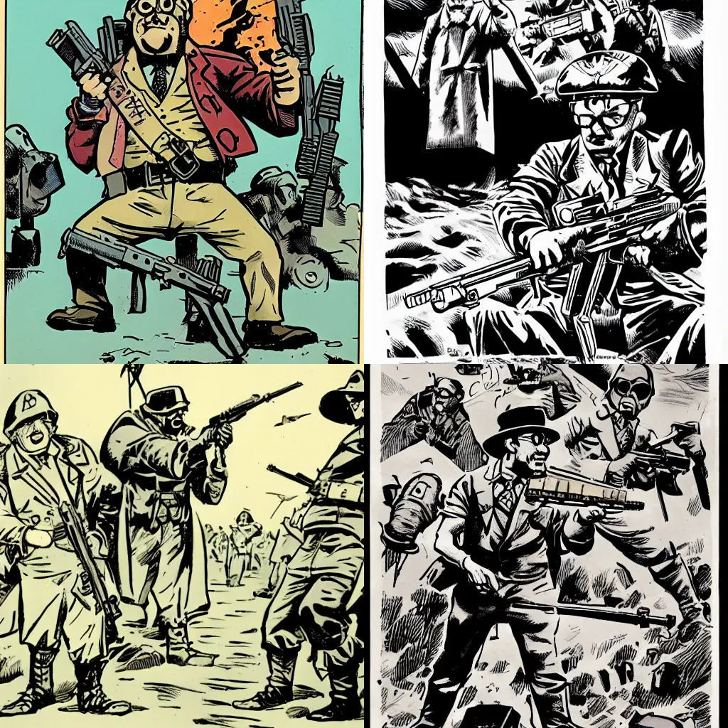 Prompt: grunkle stan shoots machine gun on d-day, mignola art, heavy ink