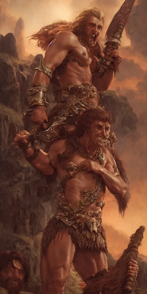 Image similar to kirk douglas as a barbarian, with a beautiful fantasy maiden, dungeons and dragons, masterpiece by edgar maxence and ross tran and michael whelan, gustav dore, 8 k, octane render