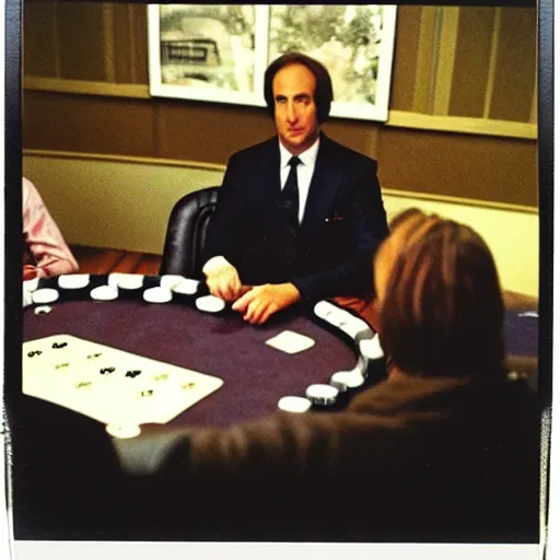 Image similar to 80's polaroid photo of saul goodman playing poker with the taliban