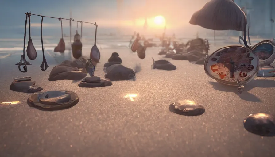 Image similar to melting clocks hanging out to dry on the beach, 8 k ultra realistic, lens flare, atmosphere, glow, detailed, intricate, full of colour, cinematic lighting, trending on artstation, 4 k, hyperrealistic, focused, extreme details, unreal engine 5, cinematic, masterpiece