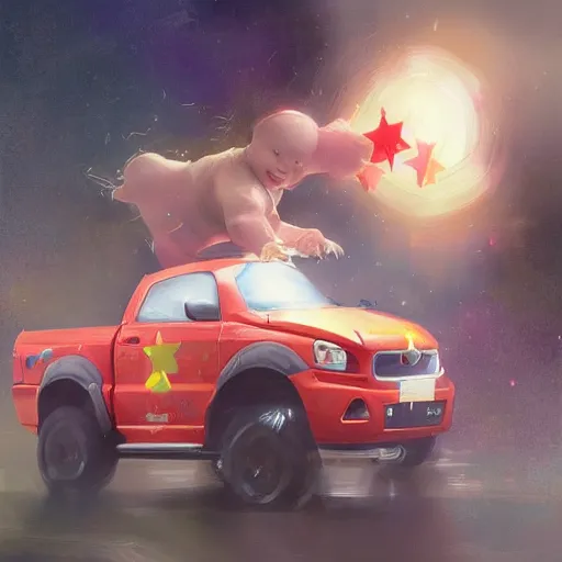 Prompt: close up of child's hand attaching a star - shaped sticker to a truck, digital art by ruan jia and mandy jurgens and artgerm, highly detailed, trending on artstation, award winning