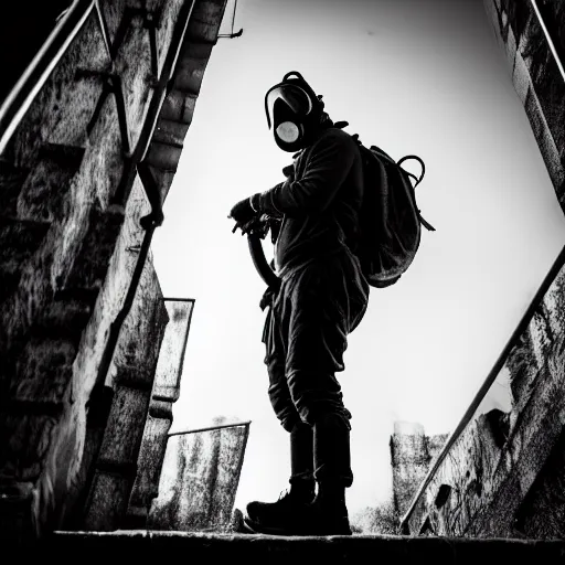 Prompt: A misterious man wearing a gas mask using a flashlight is standing on the midle of a stair alley looking in the direction of the camera :: outside, blue sky visible :: Ruined city with vegetation and trees growing all over the place in the distroyed buildings :: apocalyptic, disolate :: A long shot, low angle, dramatic backlighting, simetric photography, night time, slighty colorful :: cinematic shot, very detailed