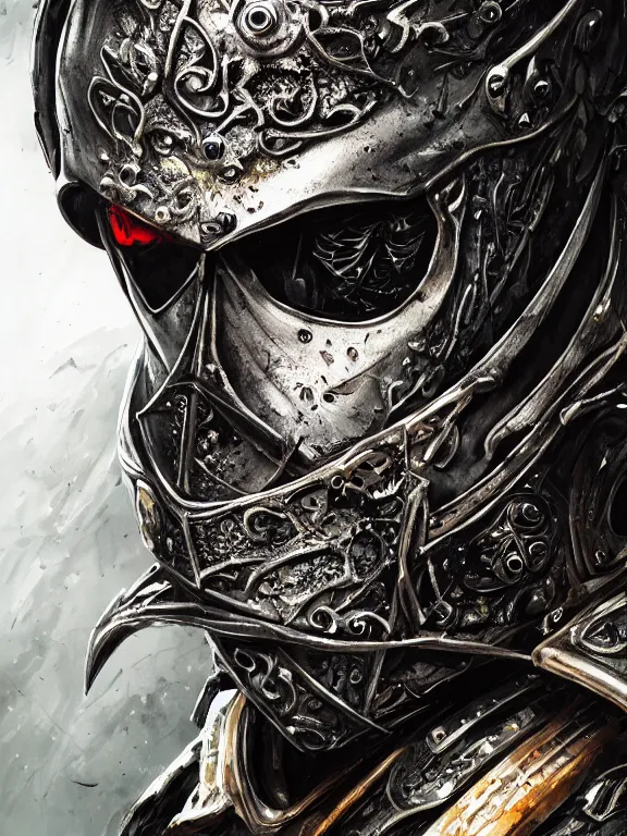 Image similar to portrait art of 8k ultra realistic undead ninja,intricate black mask, detailed intricate ornate armour,decaying, cybernetic, full of colour, cinematic lighting, battered, trending on artstation, 4k, hyperrealistic, focused, extreme details,unreal engine 5, cinematic, masterpiece, art by ayami kojima, giger