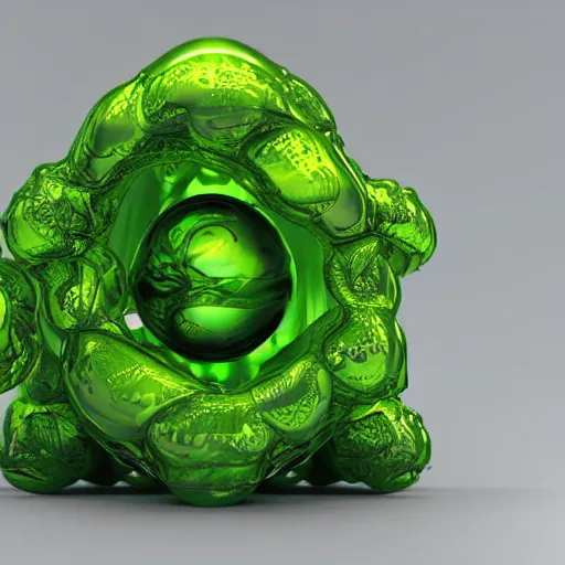 Image similar to complex floating abstract 3 d object in frontal view, ultra rendered extreme realism and detail, 8 k, highly detailed, realistic, pbr, oktane render, biomorphic, symmetrical, green slime,