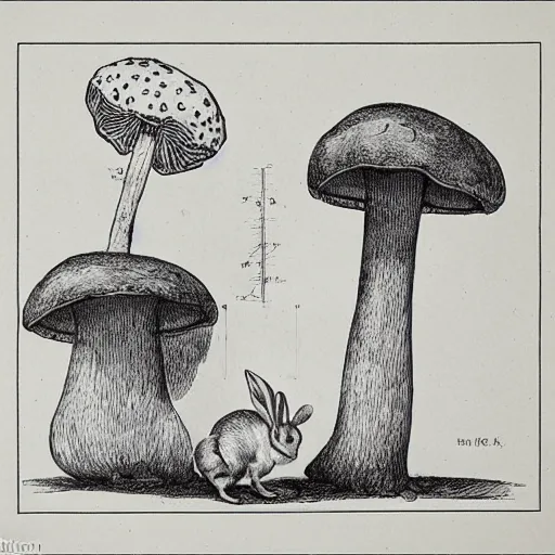 Image similar to botanical technical drawing of a rabbit sitting near a toadstool mushroom :: Cottage core :: fine detailed :: line art :: lithography :: ink detail and color