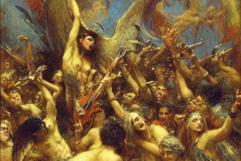 Image similar to punk rock paradise lost, lucifer playing guitar in pandemonium to a crowd of fallen angels. art by gaston bussiere.