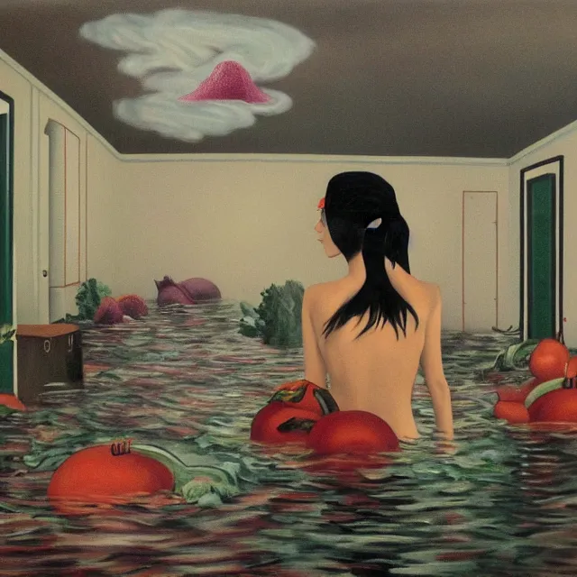 Image similar to tall female emo vegan socialist artist in their flooded apartment, painting of flood waters inside an artist's home, a river flooding indoors, pomegranates, pigs, ikebana, zen, water, octopus, river, rapids, waterfall, black swans, canoe, berries, acrylic on canvas, surrealist, by magritte and monet