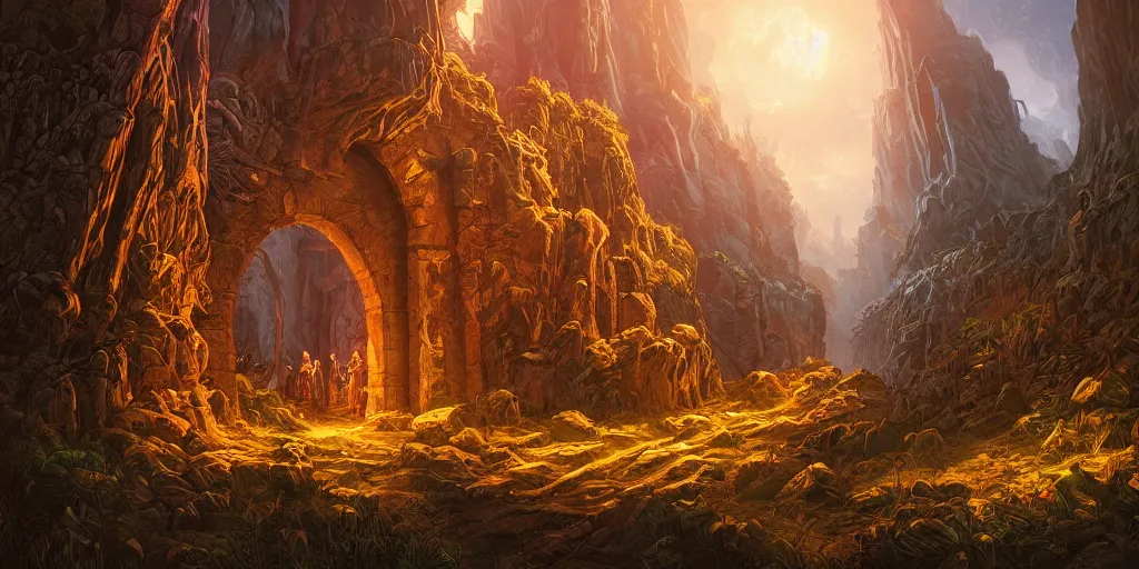 Image similar to fantasy world portal by Dan Mumford dramatic lighting, cinematic establishing shot, extremely high detail, photorealistic, cinematic lighting