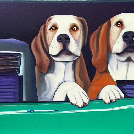 Prompt: “a painting by ducio of a three dogs in a car, highly detailed, trending on art station, 4k”