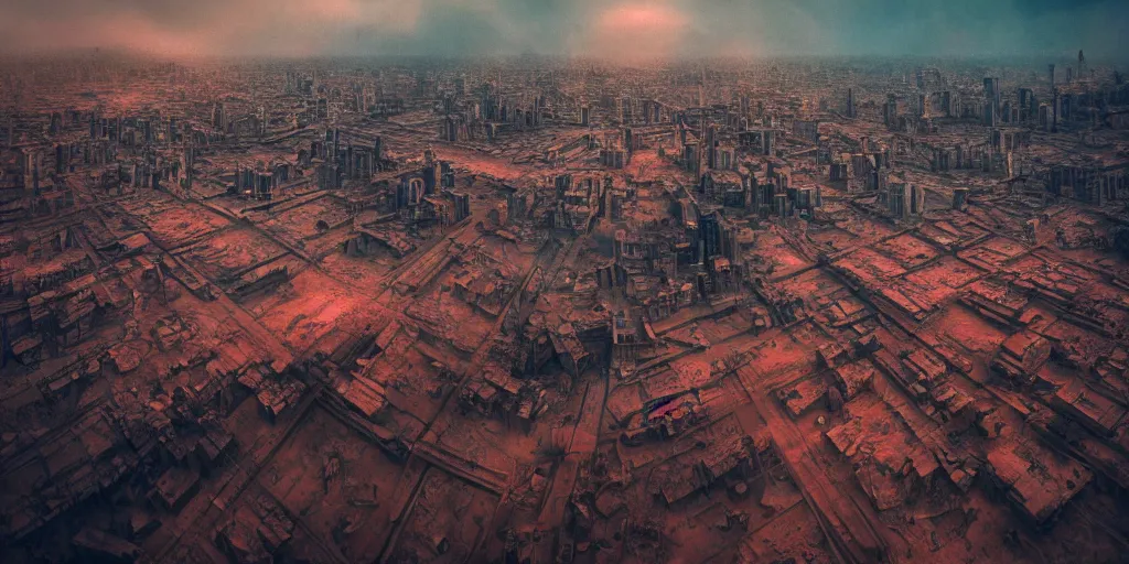 Image similar to photo of city on mars, aelita, phalanster, norilsk city, telephoto, anamorphic cinematography, beautiful composition, color theory, leading lines, photorealistic, moody volumetric lighting